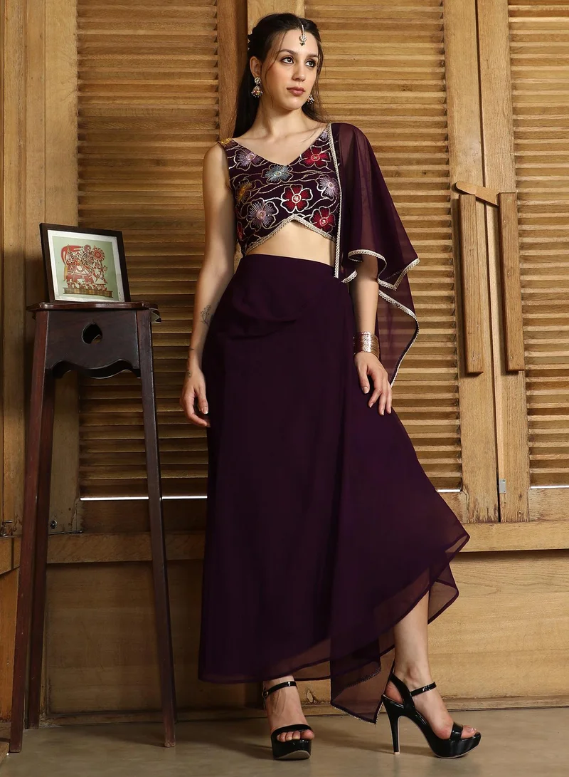 QISSA Women's Onyx Coffe Periwinkle Pre-Draped Saree For Casual Wear | V-Neck | Sleeveless | 2 Piece Pre-Draped Saree Designed With Comfort Fit For Everyday Ethnic Wear