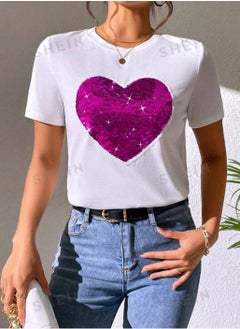 SHEIN Essnce Heart Pattern Contrast Sequin Tee Essnce