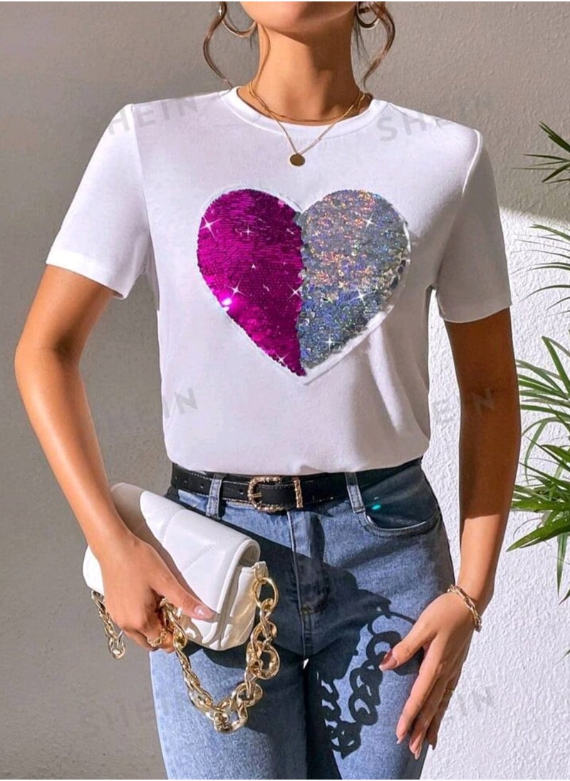 Shein - SHEIN Essnce Heart Pattern Contrast Sequin Tee Essnce - Image 1