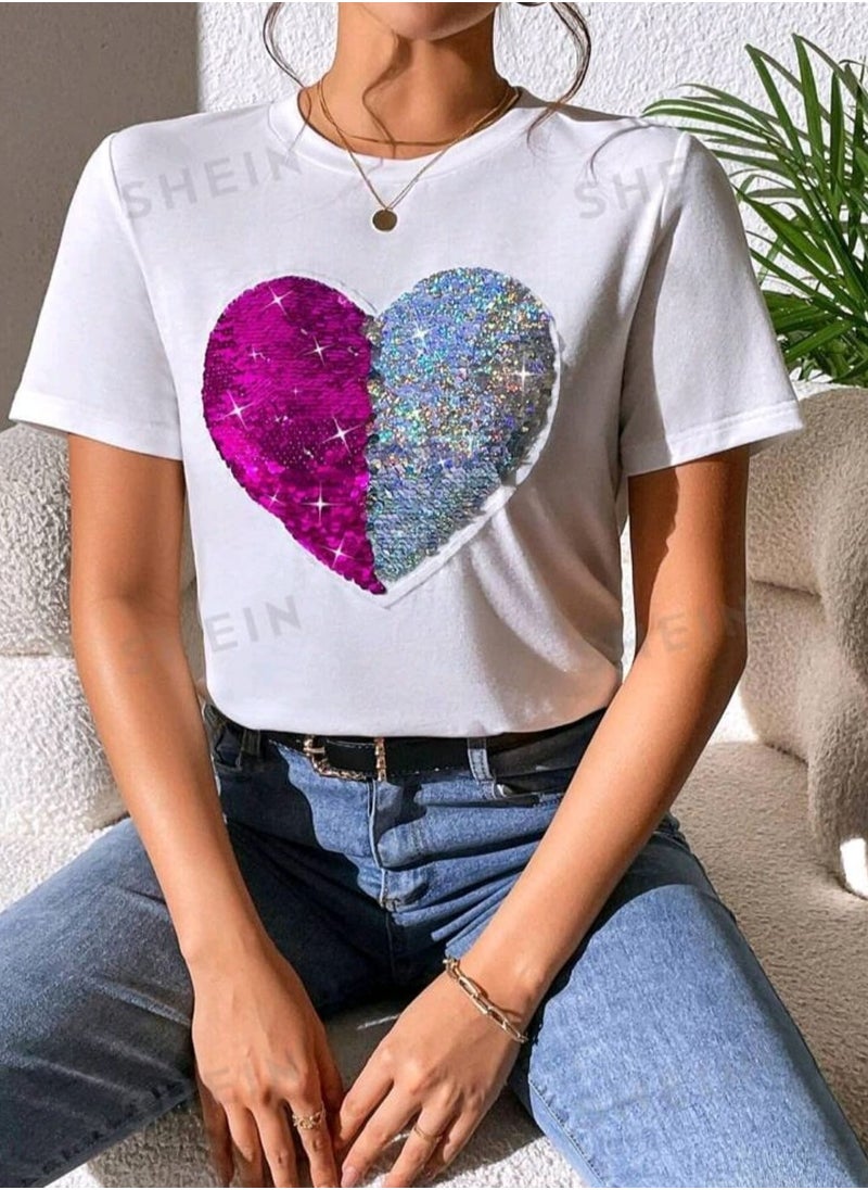 Shein - SHEIN Essnce Heart Pattern Contrast Sequin Tee Essnce - Image 1