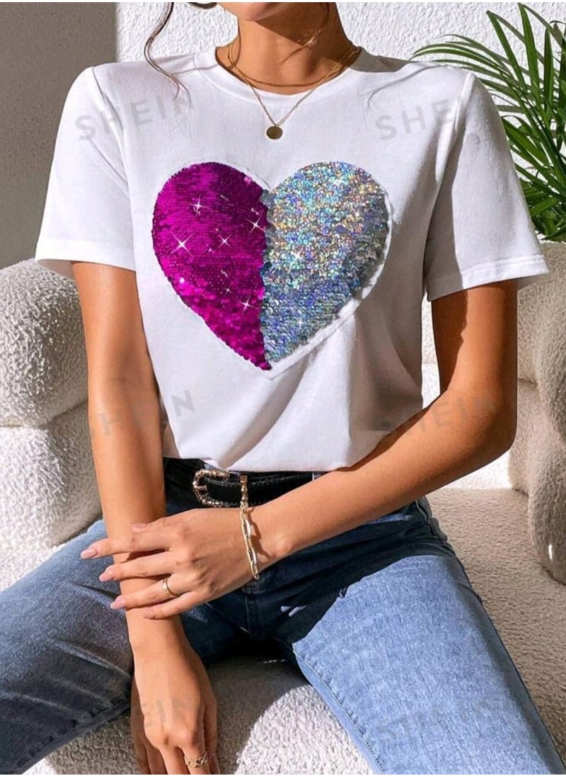 Shein - SHEIN Essnce Heart Pattern Contrast Sequin Tee Essnce - Image 1
