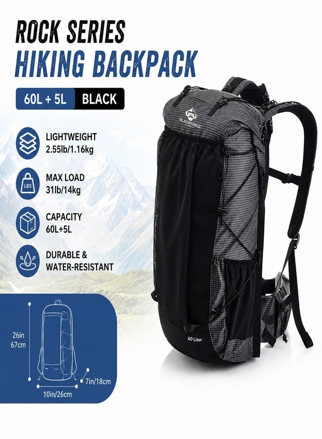 Blackpongo 45/65L Internal Frame Hiking Backpack for Outdoor Camping Travel Backpacking, Ultralight Backpack for Adults ((60+5) L Black, (60+5) L Black) - Image 2