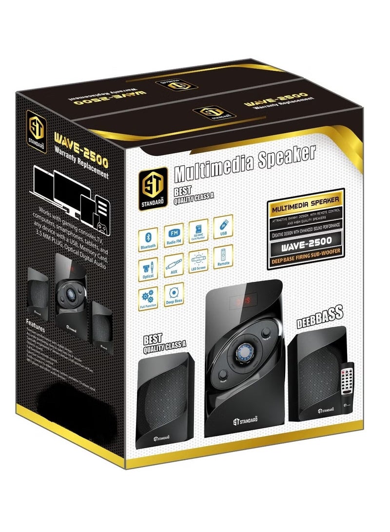 Standard Speaker Standard 2.1 Wave 2500 Power 25 Watt illuminated multimedia speaker Optical Cable - Aux - Bluetooth - Usb - Sd card - Radio - Led Screen - Remote - Full Function  - Image 1