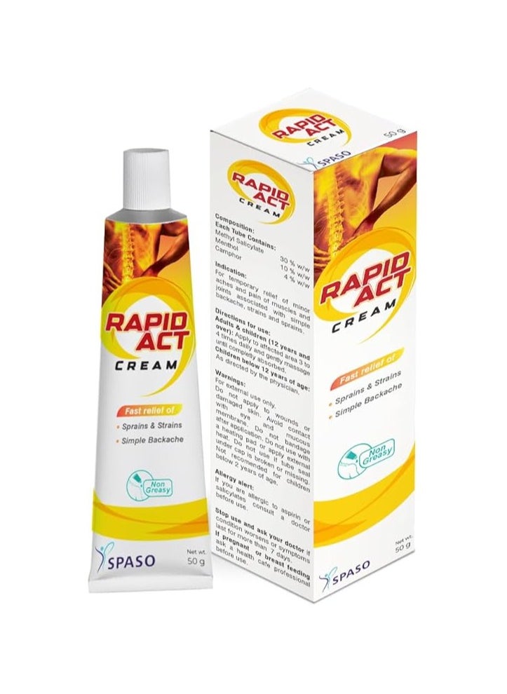 SPASO SPASO Rapid Act Cream - Fast Relief of Sprains & Strains - Simple Backache - Non Greasy - 50 Grams 