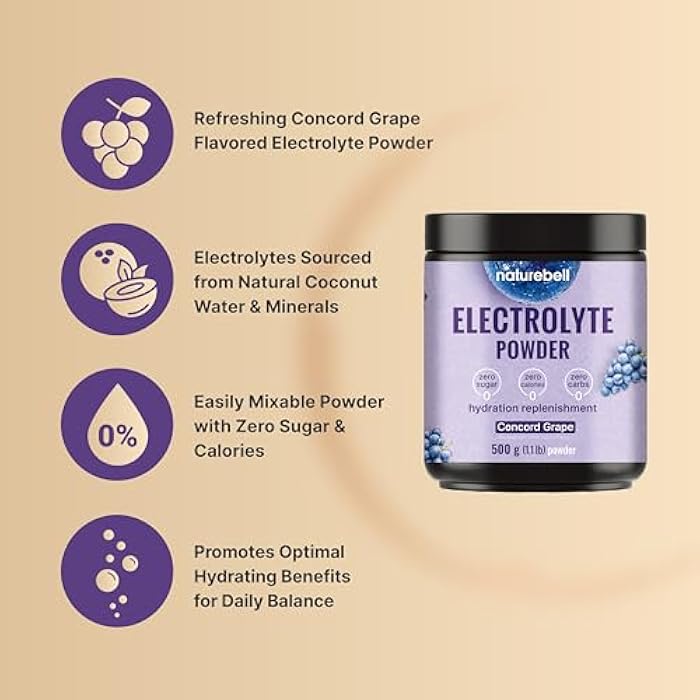 NatureBell Electrolytes Powder No Sugar, 500g (76 Servings) | Keto Fast Hydration Powder, Carnivore-Friendly Electrolyte – 1,000mg High Potassium, Minerals, & Coconut Water – Concord Grape Flavor - Image 3