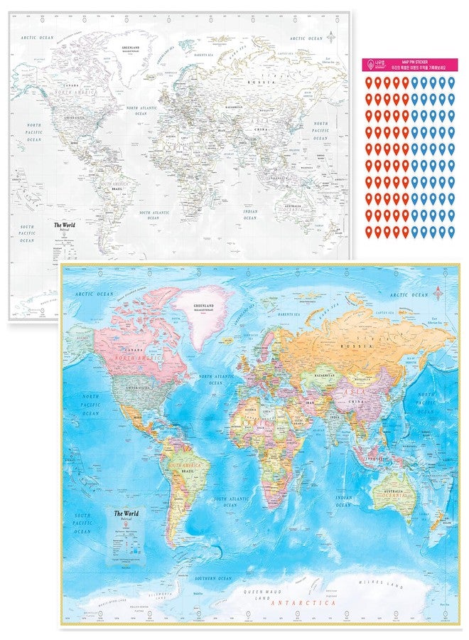 NOWMAP AquaShield Double-Sided World Map Waterproof Poster 24h x 36w Large Wall Decor - Folded with (Pin Stickers) - Image 1
