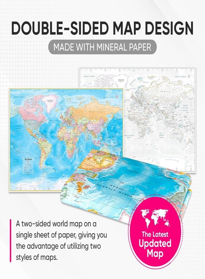 NOWMAP AquaShield Double-Sided World Map Waterproof Poster 24h x 36w Large Wall Decor - Folded with (Pin Stickers) - Image 2