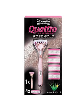 WILKINSON SWORD - Quattro for Women | Premium Metal Rose Gold | Razor Handle + 5 Blade Refills