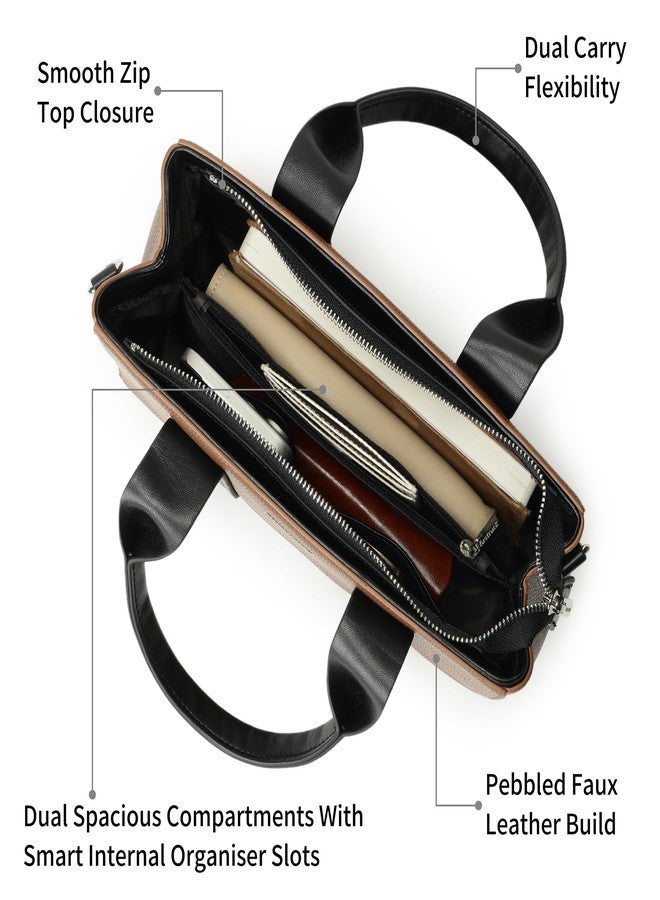 Fastrack Midnight Mocha Satchel | Women’s Pebbled Faux-Leather Satchel | Dual Compartments, Centre Zip Divider & dual carry option - Image 3