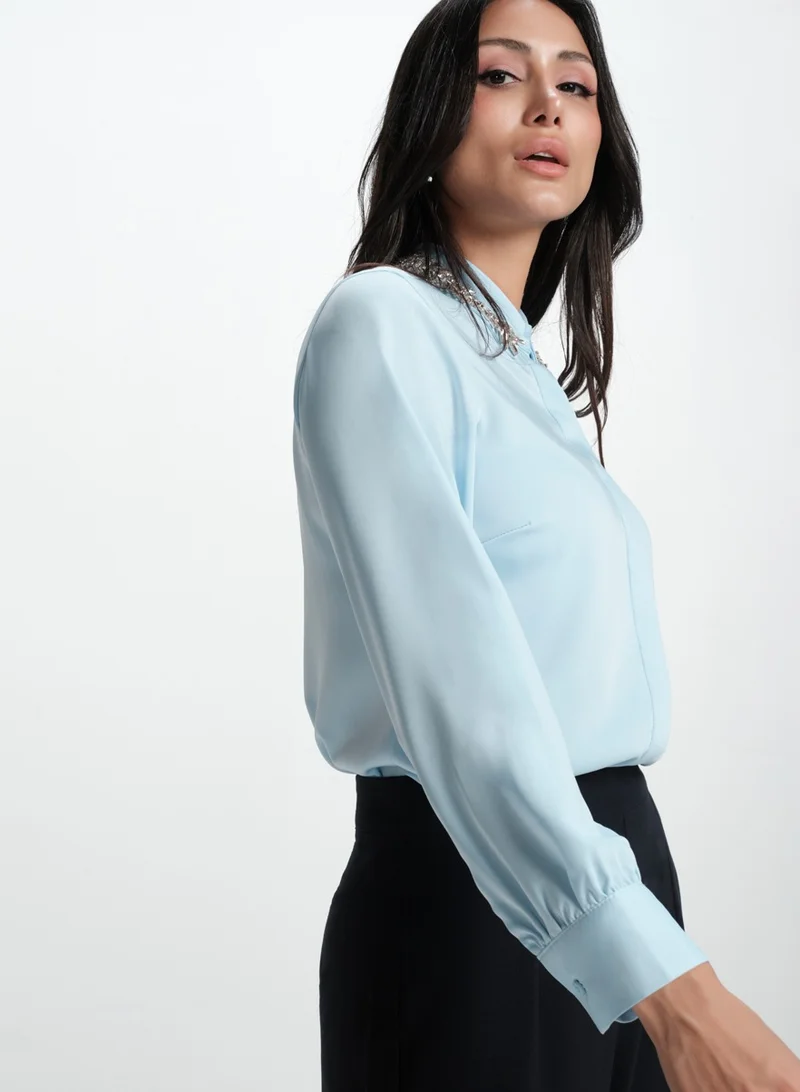 Zigzag Collar Bead Detailed Chiffon Blue Shirt