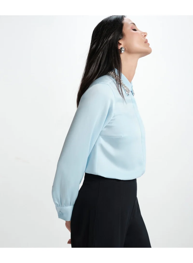 Zigzag Collar Bead Detailed Chiffon Blue Shirt