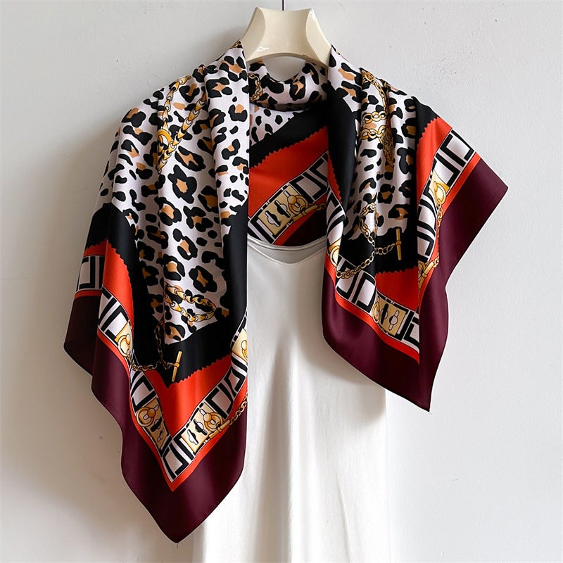 Fashionable leopard print elegant scarf 90cm twill square scarf simple chain advanced scarf all-matching shawl autumn and winter scarf - Image 2