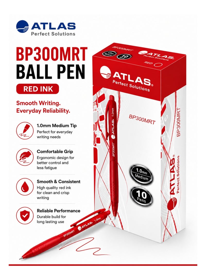 ATLAS 10-Piece Retractable Ballpoint Pen 1.0mm Medium Tip Red Ink - Image 1
