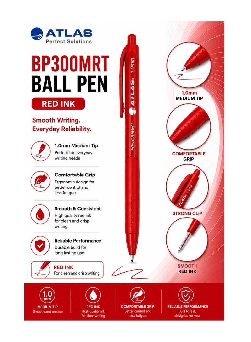 ATLAS 10-Piece Retractable Ballpoint Pen 1.0mm Medium Tip Red Ink - Image 2