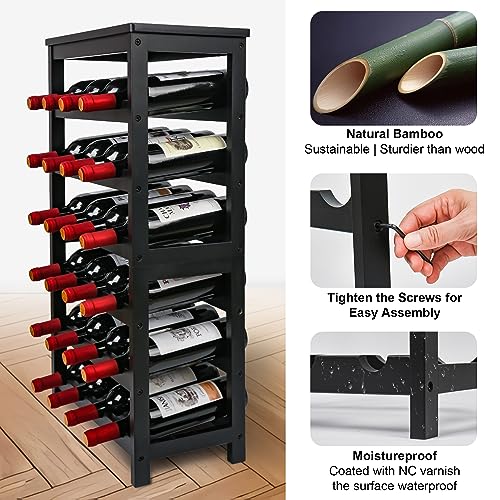 VASMIA Wine Rack Freestanding Floor, 6-Tier Display Wine Storage Shelves with Table Top, 24-Botttle Bamboo Wine Rack Shelf for Kitchen Bar Dining Room Living Room, Black - Image 4