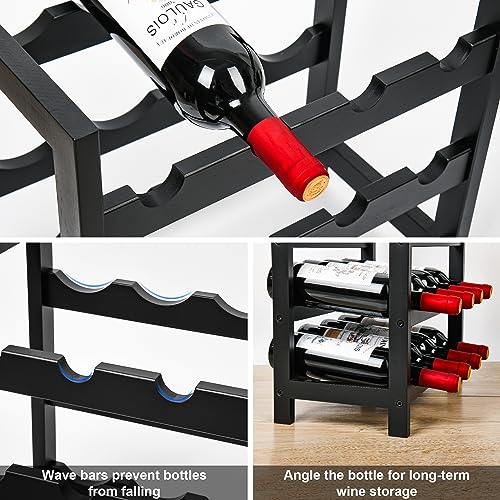 VASMIA Wine Rack Freestanding Floor, 6-Tier Display Wine Storage Shelves with Table Top, 24-Botttle Bamboo Wine Rack Shelf for Kitchen Bar Dining Room Living Room, Black - Image 5