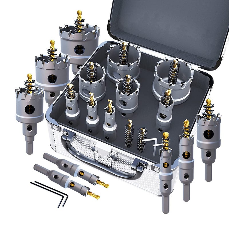 GSTK Upgrade Heavy Duty Carbide TCT Carbide Hole Saw Kit 10Pcs for Hard Metal with 2Extra Titanium Plated Pilot Center Drill and 2LWrench