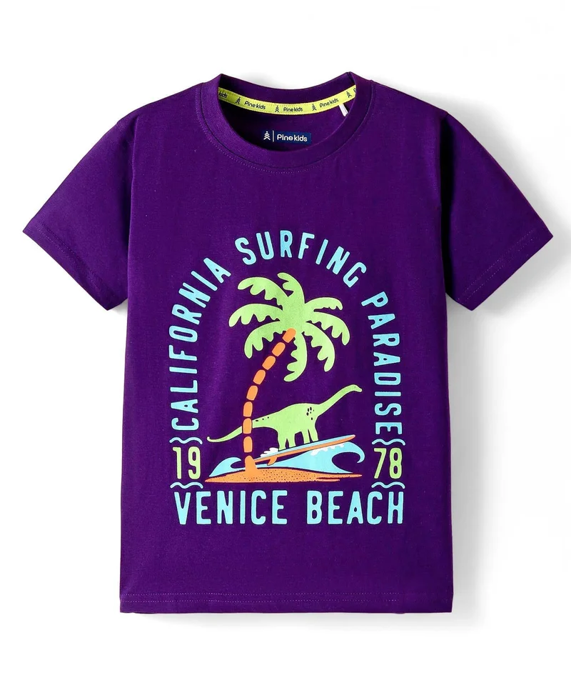 Pine Kids Pine Kids Cotton Knit Half Sleeves T-Shirt with Beach Theme Graphic - Purple