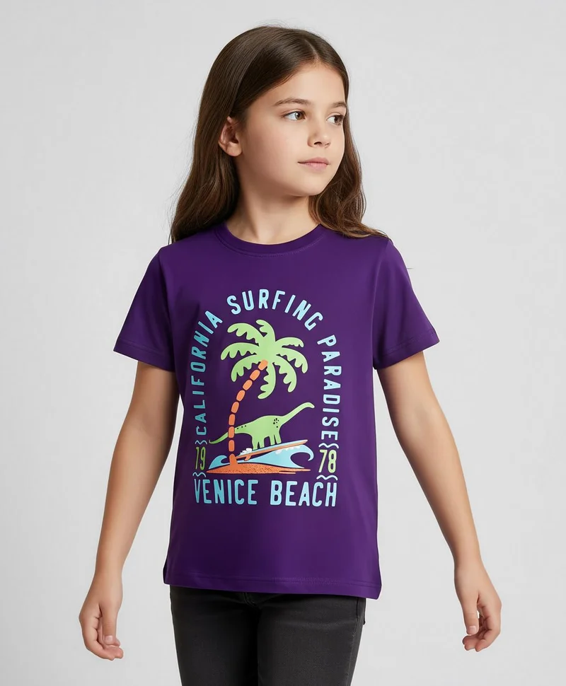 Pine Kids Pine Kids Cotton Knit Half Sleeves T-Shirt with Beach Theme Graphic - Purple
