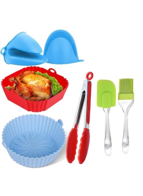 ITUSHA ITUSHA 1 Round 1 Square Air Fryer Package 7 Pack Air Fryer Liners Accessories Silicone BasketsPotsLiners with Oven Mitts Basting Brush and 9 Inch Tongs 