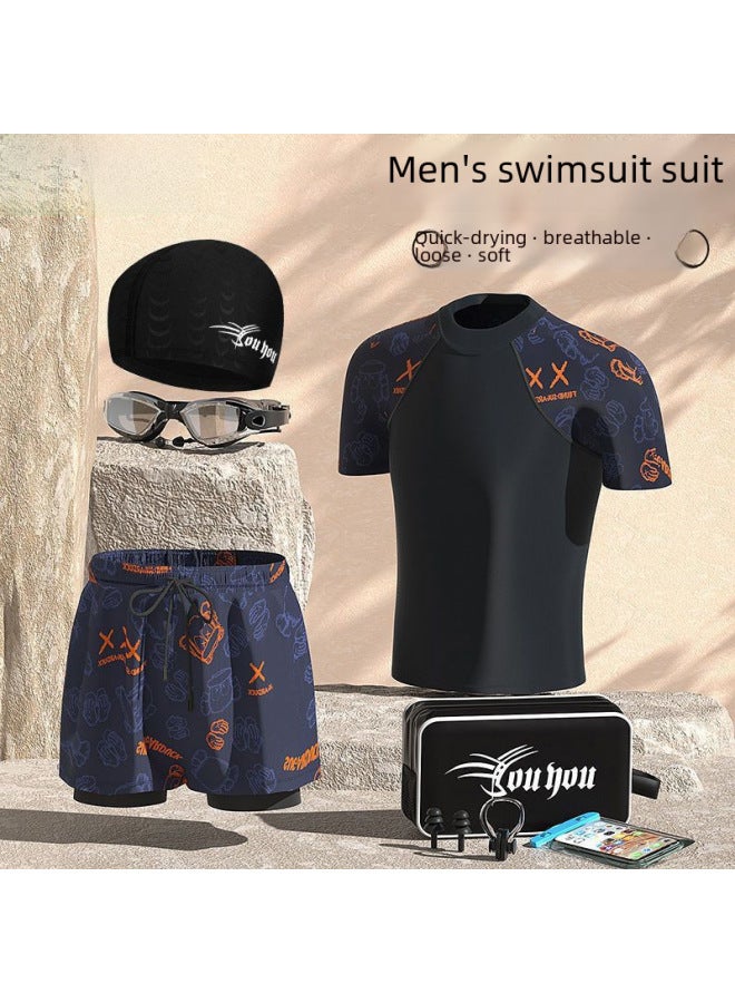 Loquat Swimwear Men's Professional Anti-embarrassment Large Size Loose Double-layer Swimming Trunks Sunscreen Hot Spring Full Body Men's Swimwear Suit-Color:Orange Bear Two-piece Suit 【swimsuit + Three-poi - Image 2