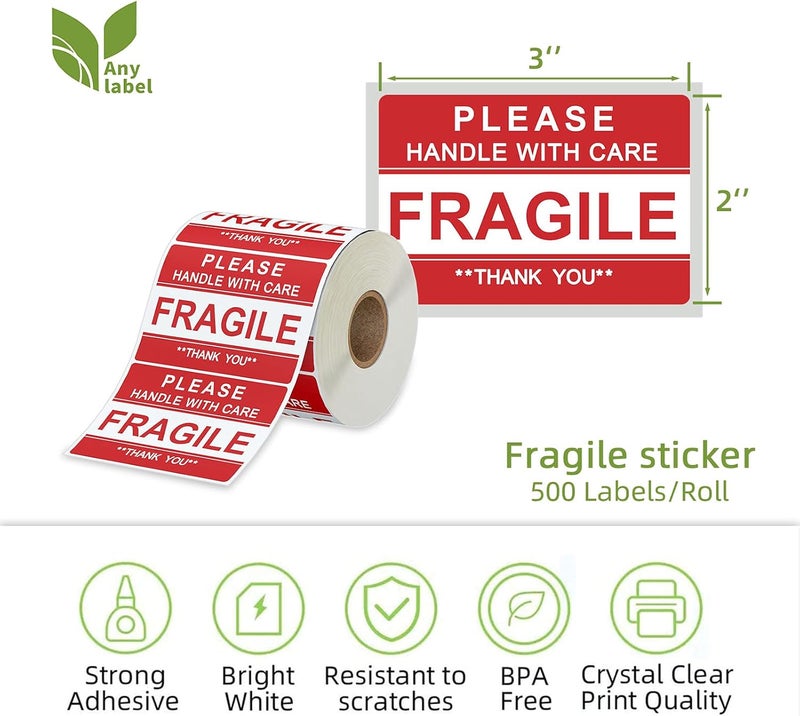 Anylabel 3 x 2 inch Handle with Care Fragile Thank You Warning Packing Shipping Label Stickers Permanent Adhesive (12 Rolls, 6000 Labels) - Image 2