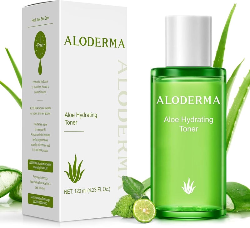 تونر الوجه المرطب بالألوفيرا من Aloderma – يحتوي على 91% من عصير الألوفيرا العضوي – تونر طبيعي مرطب للوجه مع الأرجينين، مناسب للنساء والرجال ولجميع أنواع البشرة – 42 أونصة (حوالي 1.24 لتر).