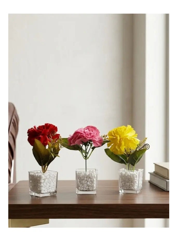 co arma Artificial carnation flowers in glass pots, 3-piece set, assorted colors - Image 1