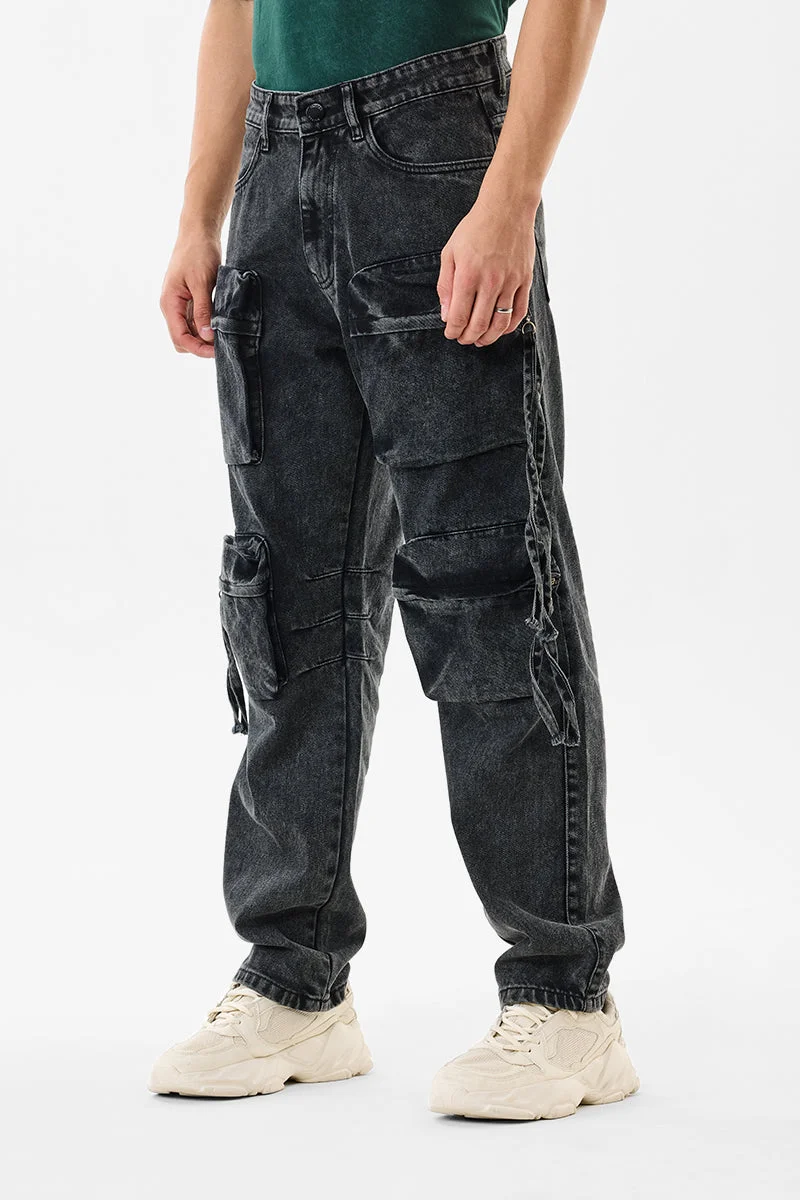 SNITCH Black Solid Loose Fit Streetwear Cargo