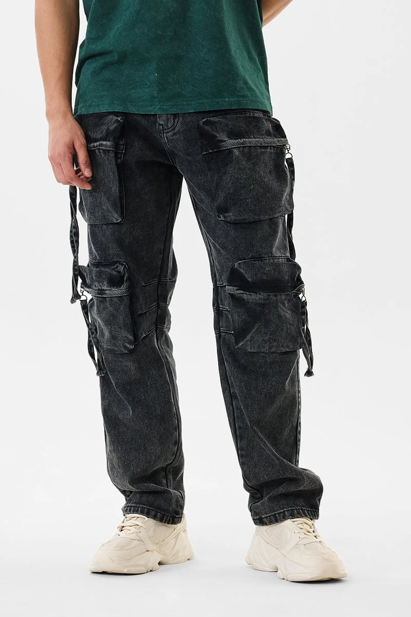 SNITCH Black Solid Loose Fit Streetwear Cargo