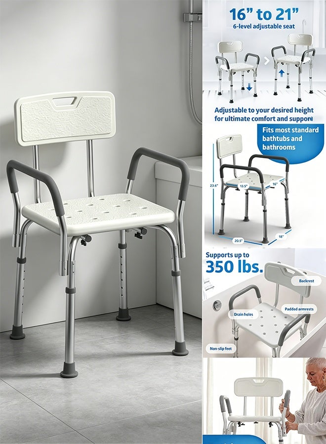 Bukela Shower Chair with Back & Padded Arms - Adjustable Height Bath Seat for Safety & Comfort - Lightweight Aluminum Construction- 350 Lb Capacity - Image 1