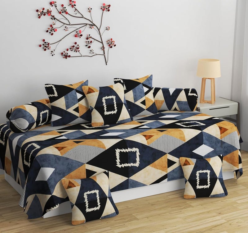 CLIDE+ 210 Tc Diwan Cover Glace Cotton Premium Cloth Quality Designer Printed 8 Pieces Standard Diwan Set (1 Single Bedsheet, 2 Bolster Covers, 5 Cushion Covers) (Jaipuri Print) (DIWAN - 21) - Image 1