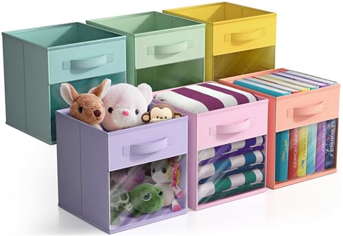 Sorbus 11 Inch Storage Bins with Clear Window 6 Foldable Baskets for Organizing Clothes Toys Books Sturdy Collapsible Fabric Storage Cubes with Handle Storage Baskets for Shelves Closets - Image 1