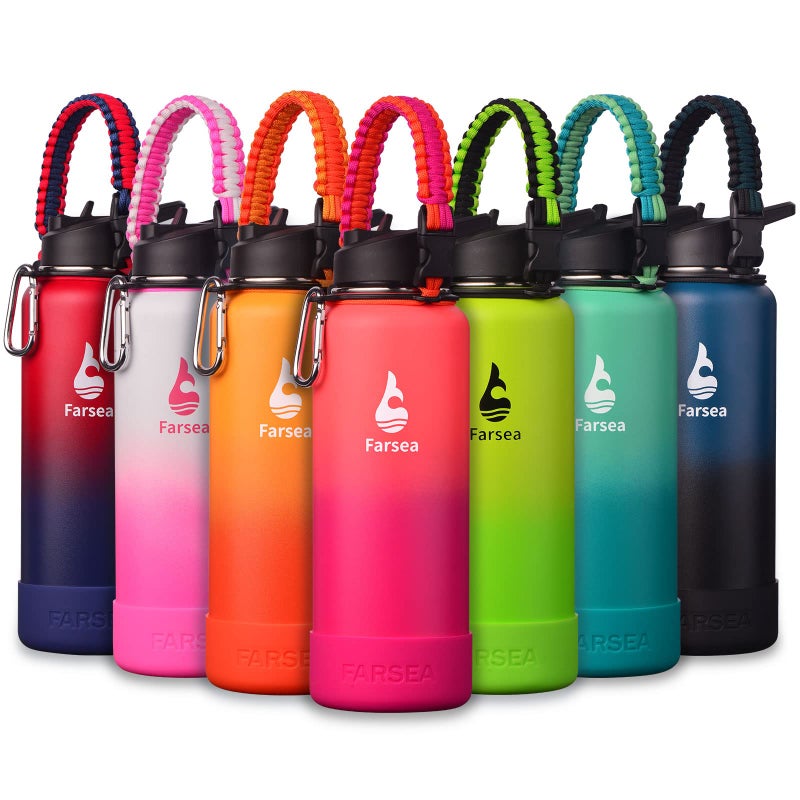 Farsea Insulated Water Bottle With Paracord Handle Protective Silicone Boot and 2 Lids Straw Lid  Spout Lid Stainless Steel Water Bottle Wide Mouth Double Wall SweatProof BPAFree 40 oz