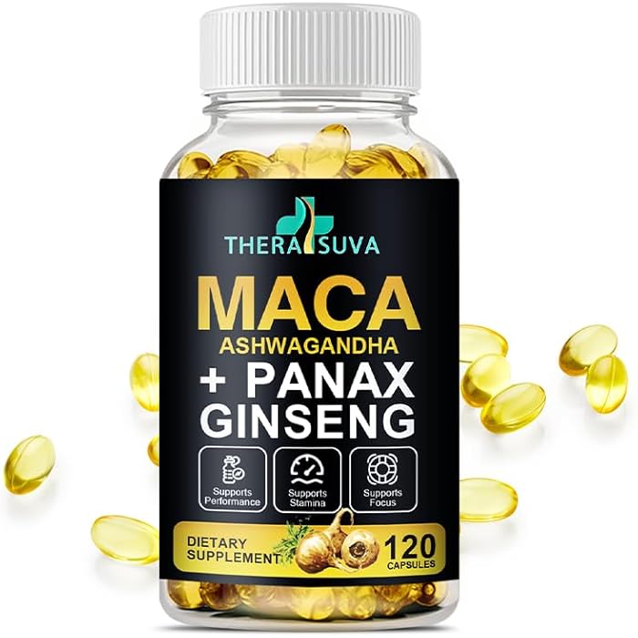 TheraSuva 3 in 1 Ashwagandha + Maca Root + Panax Ginseng - Natural Supplement for Energy, Stamina, and Stress Support, 120 Softgels - Image 1