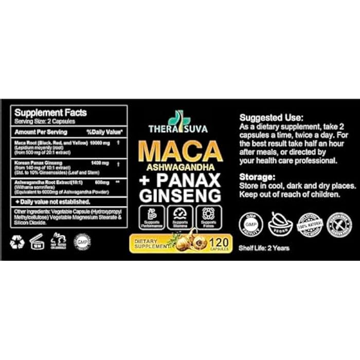 TheraSuva 3 in 1 Ashwagandha + Maca Root + Panax Ginseng - Natural Supplement for Energy, Stamina, and Stress Support, 120 Softgels - Image 2