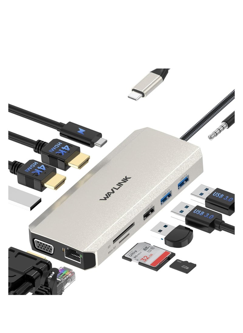 ماركة غير محددة ويفلينك موزع USB C قاعدة شحن 12 في 1 شاشة ثلاثية مزدوجة مع 2 HDMI VGA 100 واط PD ايثرنت 5 قارئ بطاقات SD/TF صوت لاجهزة ماك/ديل/ايسر/اتش بي/اسوس/ستيم ديك/روج الي/لينوفو لابتوب  - Image 1