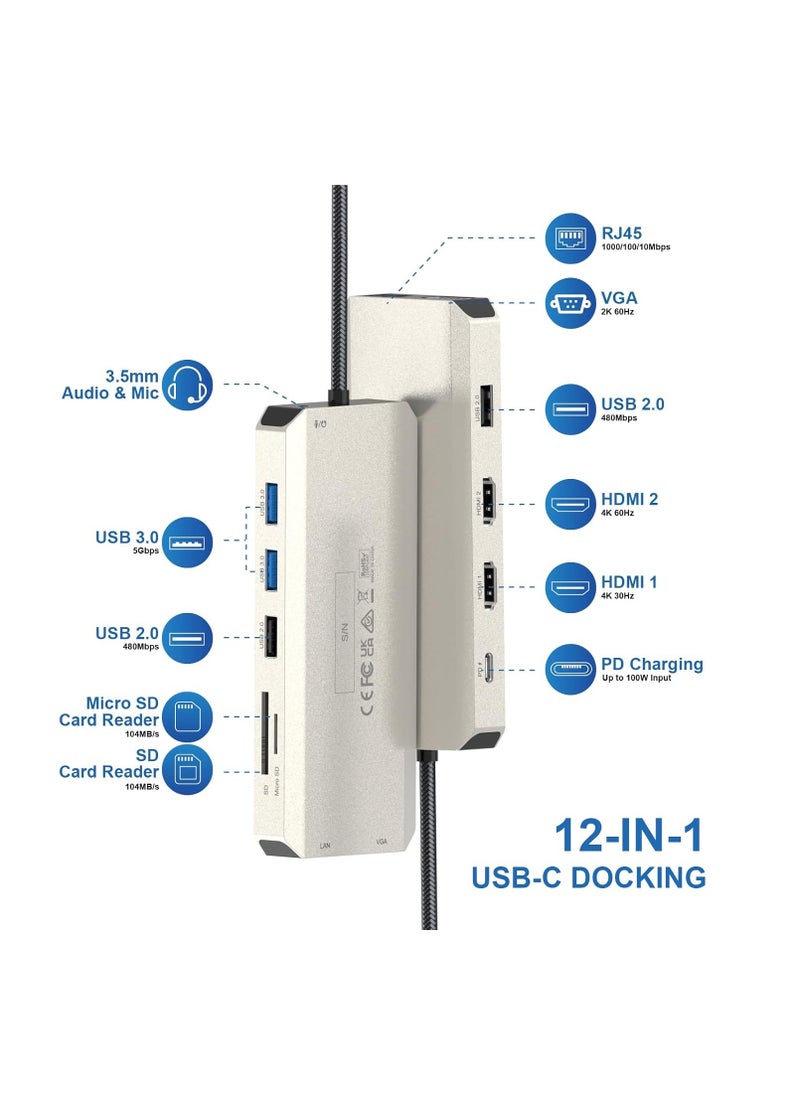 ويفلينك موزع USB C قاعدة شحن 12 في 1 شاشة ثلاثية مزدوجة مع 2 HDMI VGA 100 واط PD ايثرنت 5 قارئ بطاقات SD/TF صوت لاجهزة ماك/ديل/ايسر/اتش بي/اسوس/ستيم ديك/روج الي/لينوفو لابتوب