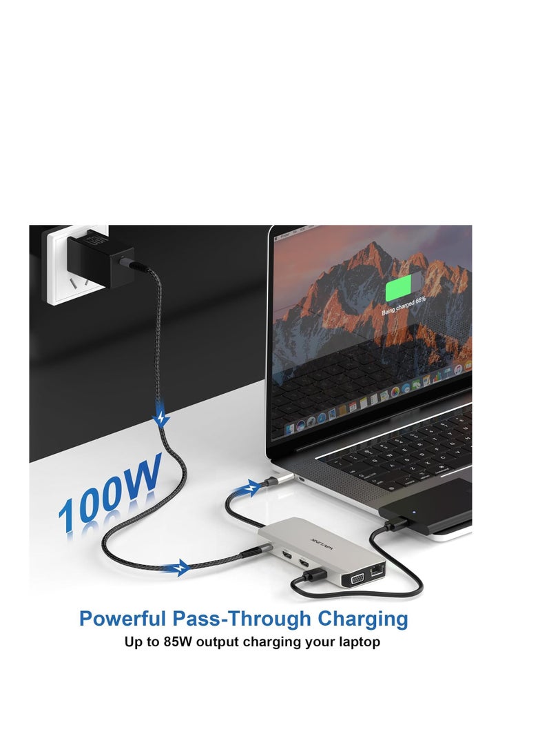 ويفلينك موزع USB C قاعدة شحن 12 في 1 شاشة ثلاثية مزدوجة مع 2 HDMI VGA 100 واط PD ايثرنت 5 قارئ بطاقات SD/TF صوت لاجهزة ماك/ديل/ايسر/اتش بي/اسوس/ستيم ديك/روج الي/لينوفو لابتوب