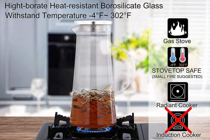 Heroox HEROOX 1.3 Liter Glass Pitcher with Stainless Steel Lid Iced Tea Water Wine Coffee Milk Juice Beverage Carafe & Sun Tea Jar 1300ml  - Image 2