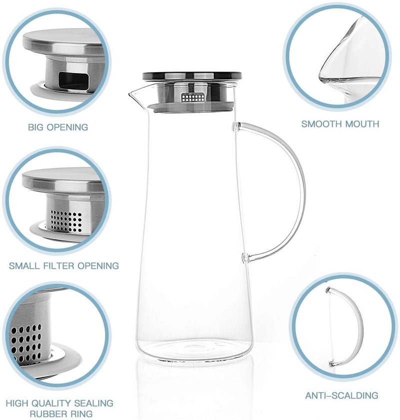Heroox HEROOX 1.3 Liter Glass Pitcher with Stainless Steel Lid Iced Tea Water Wine Coffee Milk Juice Beverage Carafe & Sun Tea Jar 1300ml  - Image 3