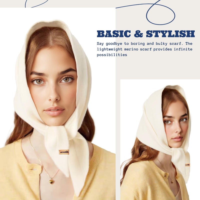 ACUSHLA 100% Merino Wool Triangle Scarf for Women Winter Neck Gaiter Warmer Knit Fashion Hooded Scarf Lightweight Soft Warm Neck Wrap for Ladies, 15.7'' X 47.2'', Milky White - Image 2