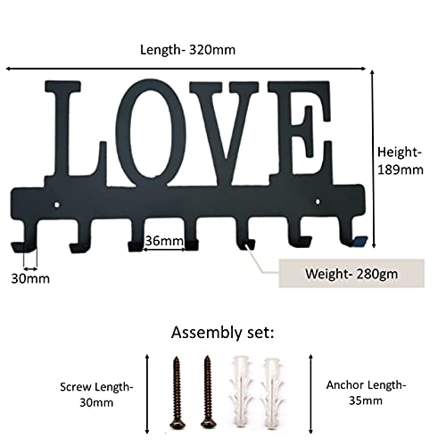 Atom Metal Key Holder, Love | Rack Leash Hanger for Room Kitchen or Garage Wall Decor Organizer Home | 7 Hooks, 10.6 x 6.15 x 08 INCH, Color- Black - Image 2