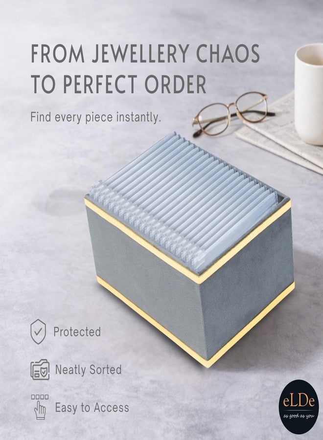 ELDE Jewellery Organiser Box for Women | Jewellery Storage Tray with Jewellery Organisers Pouch | Necklace & Jewelry Organizer | Jewellery Box for Wardrobe & Drawer (Grey with Border, Large) - Image 4