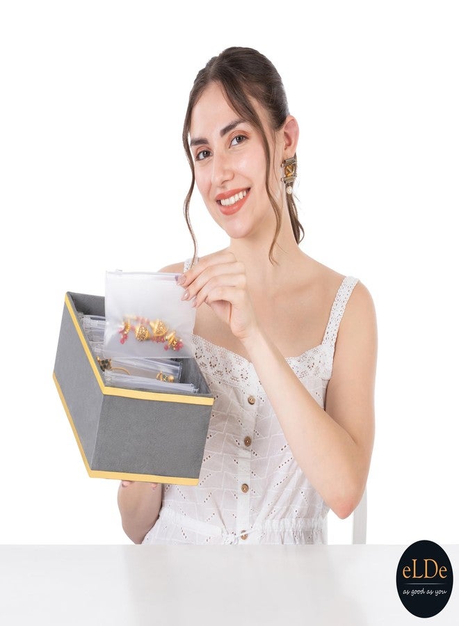 ELDE Jewellery Organiser Box for Women | Jewellery Storage Tray with Jewellery Organisers Pouch | Necklace & Jewelry Organizer | Jewellery Box for Wardrobe & Drawer (Grey with Border, Large) - Image 2