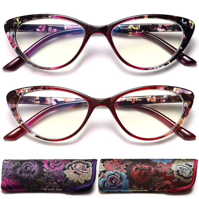 EYEURL Cat Eye Reading Glasses for Womens 2 Pack of Computer Blue Light Blocking Readers 125 Spring Hinge Pattern Design Eyeglass Choose Your Magnification
