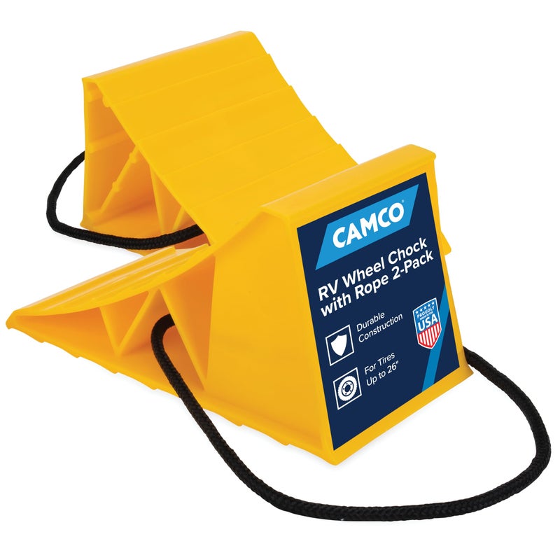 Camco Camper RV Wheel Chock with Rope Keeps Trailer inPlace to Safely Unhitch or Park Compatible with Wheels Up to 26 in Diameter Molded of HeavyDuty Hard Plastic 2Pack 44471 - Image 1