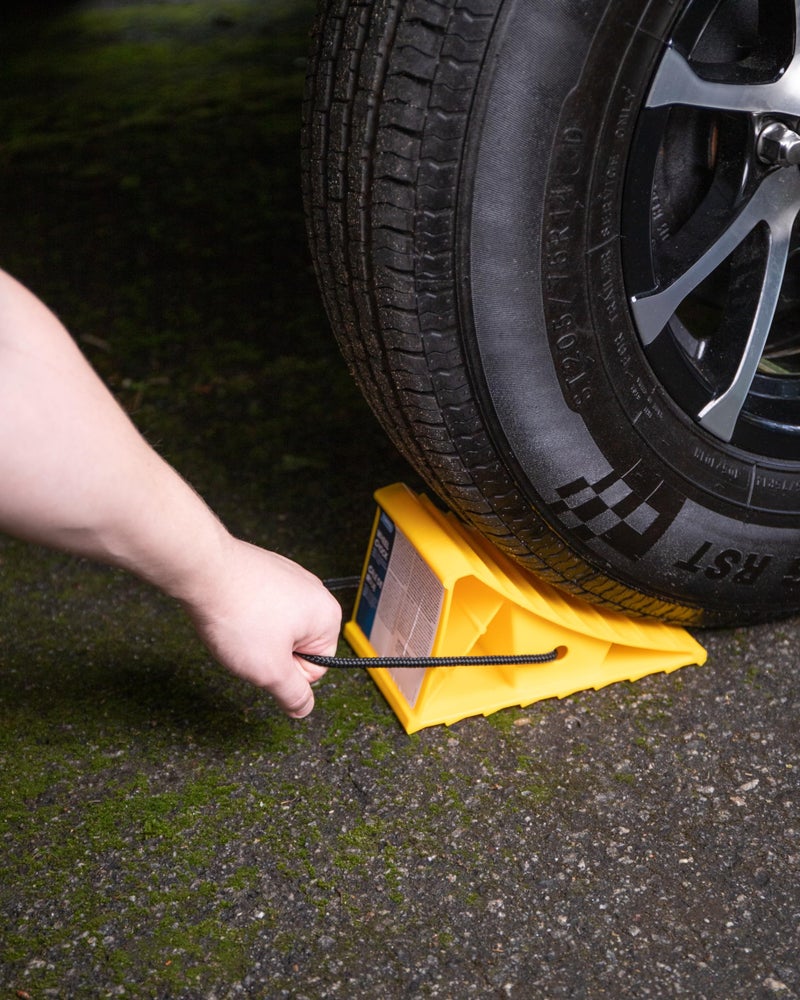 Camco Camper RV Wheel Chock with Rope Keeps Trailer inPlace to Safely Unhitch or Park Compatible with Wheels Up to 26 in Diameter Molded of HeavyDuty Hard Plastic 2Pack 44471 - Image 3