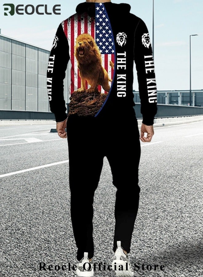 ريوكل طقم هودي رجالي مكون من قطعتين، سويت شيرت، بقلنسوة بأكمام طويلة، مطبوع ثلاثي الأبعاد، مع سحاب، بنطال رياضي، بدلة كاجوال - Image 2