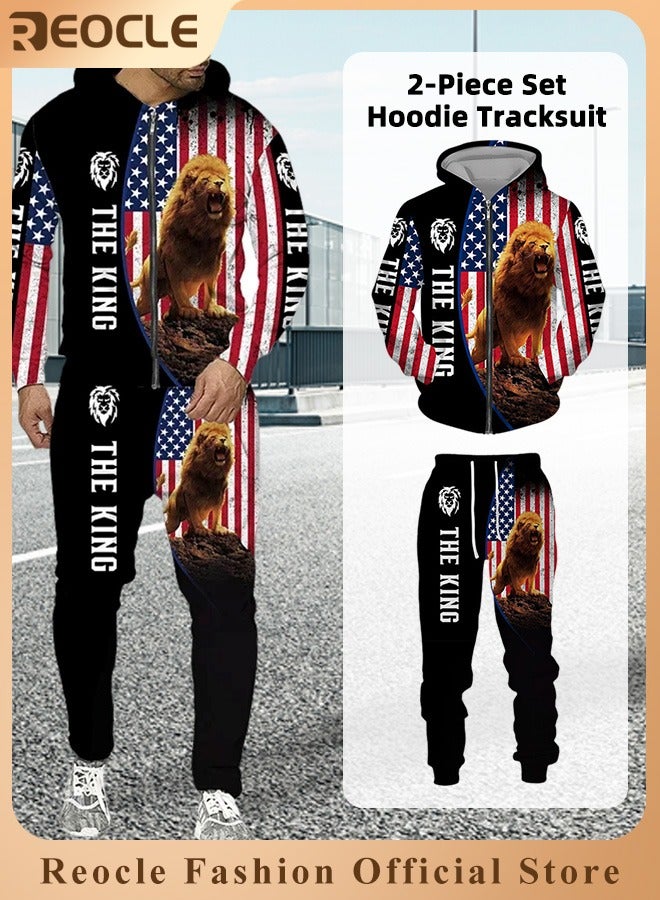 ريوكل طقم هودي رجالي مكون من قطعتين، سويت شيرت، بقلنسوة بأكمام طويلة، مطبوع ثلاثي الأبعاد، مع سحاب، بنطال رياضي، بدلة كاجوال - Image 1